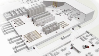 Grafische Darstellung eines Warenlagers Grafische Darstellung eines Warenlagers mit Fahrzeugen von Linde Material Handling